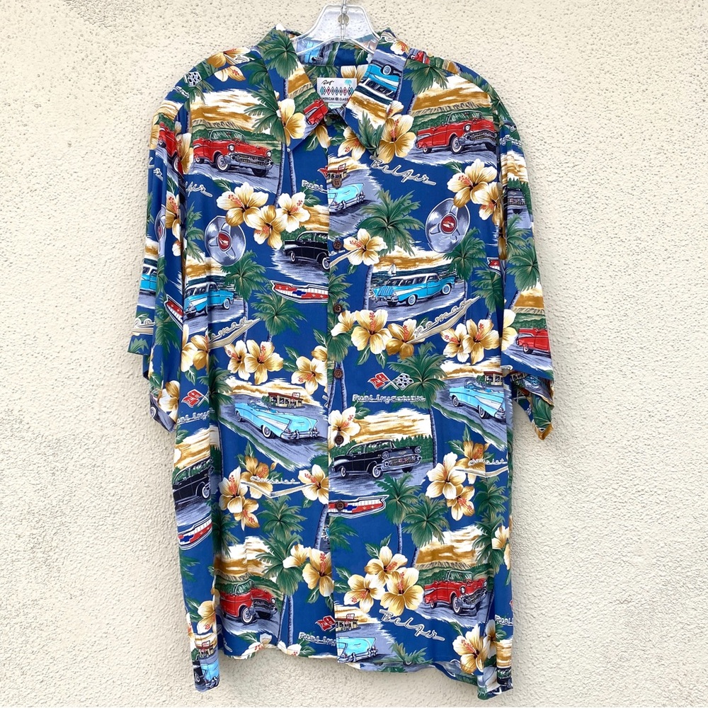 REYN Spooner Hawaiian shirt vintage cars print nomad belair hot rod 50s Chevy